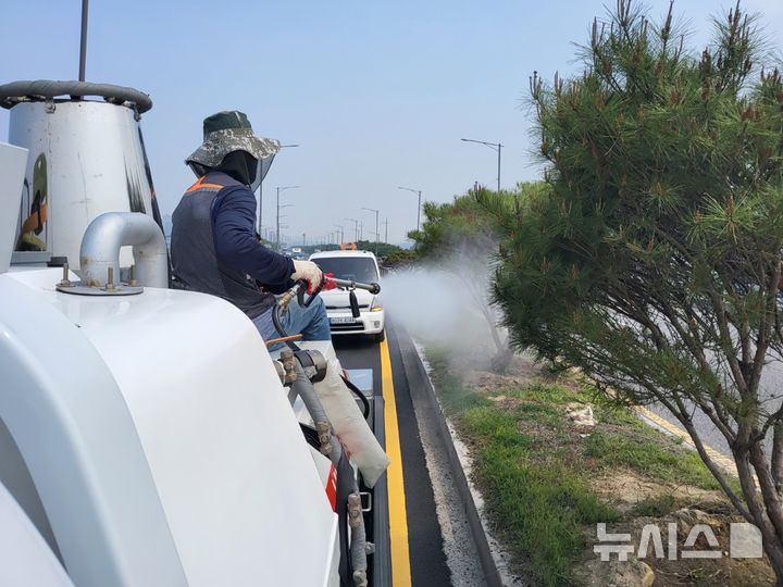 [시흥=뉴시스] 병해충 방제약제 살포 현장. (사진=시흥시 제공).2025.06.08. photo@newsis.com