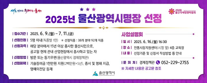 [울산=뉴시스] 울산시는 ‘2025년도 울산광역시명장’ 선정을 위해 6월 9일부터 7월 11일까지 신청 접수를 진행한다고 9일 밝혔다. (사진= 울산시 제공) 2025.06.09.photo@newsis.com *재판매 및 DB 금지