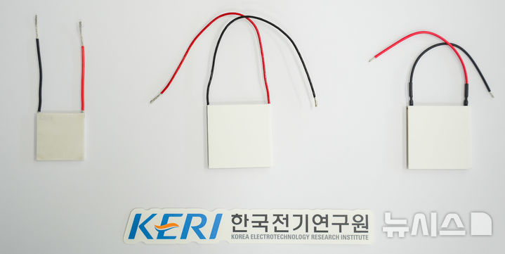 [창원=뉴시스]한국전기연구원(KERI) 전기변환소재연구센터 박수동(가운데) 박사 연구팀이 개발한 '열전발전 기준 소자 3종'.(사진=한국전기연구원 제공) 2025.06.09. photo@newsis.com