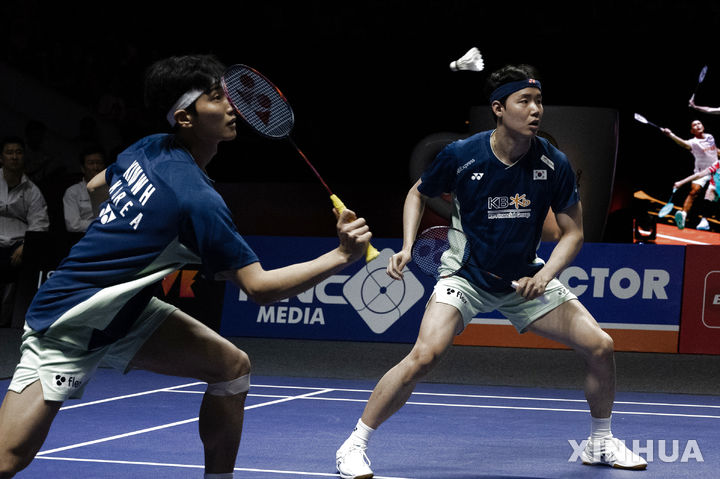 [자카르타=신화/뉴시스] 배드민턴 남자복식 서승재(오른쪽)-김원호 조. 2025.06.08.