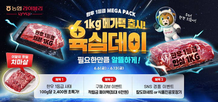 [세종=뉴시스] 농협경제지주는 오는 13일까지 축산물 전문 온라인몰 '농협라이블리'에서 1㎏ 단위 한우 메가팩을 최대 30% 할인 판매하는 '육심(肉心)데이' 기획전을 진행한다고 9일 밝혔다. (사진=농협 제공) 2025.06.09. photo@newsis.com *재판매 및 DB 금지