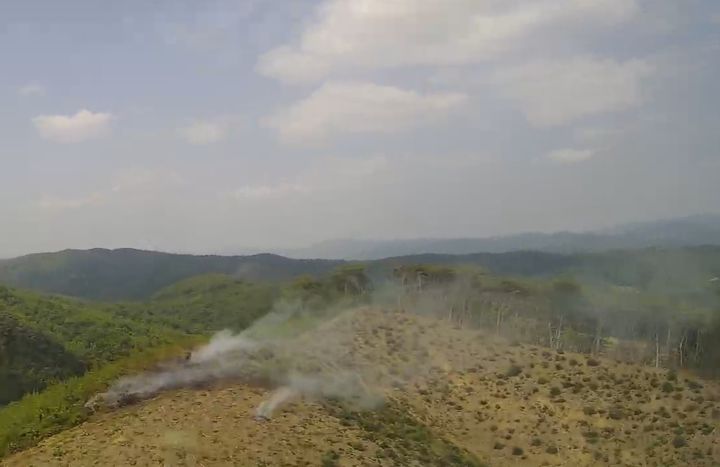 [공주=뉴시스] 9일 오후 2시9분께 충남 공주시 신풍면 용수리의 야산에서 불이나 흰 연기가 피어 오르고 있다. (사진=산림청 제공) 2025.06.09. photo@newsis.com *재판매 및 DB 금지