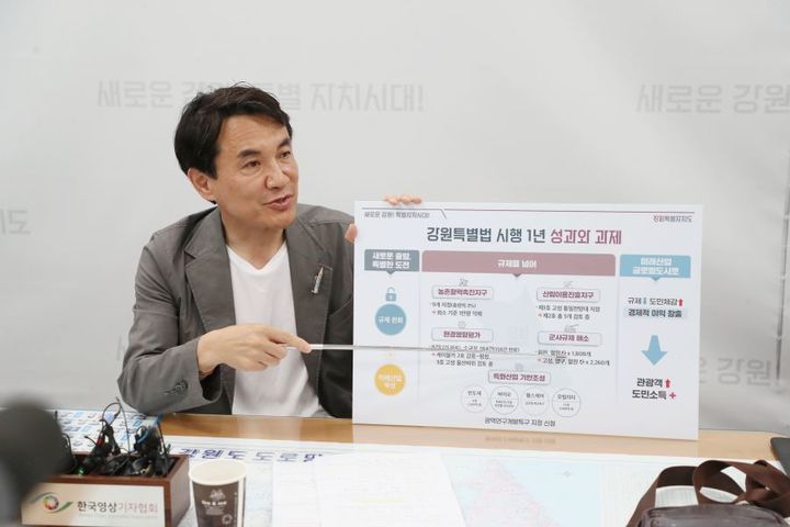 [춘천=뉴시스] 9일 강원특별자치도(도지사 김진태. 사진)는 9일 ⌜강원특별법⌟ 전부개정 법률 시행(‘24.6.8.) 1년을 맞아강원자치도만의 특례를 활용한 농업, 산림, 환경, 군사 등 주요 성과와 향후계획을 밝혔다. 강원특별자치도 제공 *재판매 및 DB 금지