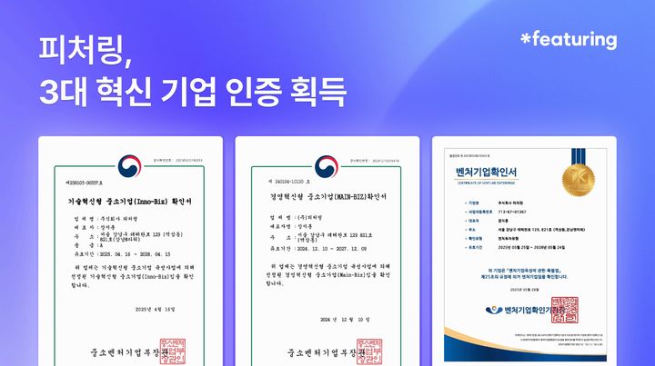 [서울=뉴시스]피처링, 벤처·이노비즈·메인비즈 3대 혁신기업 인증획득.(사진=피처링 제공) 2025.06.09. photo@newsis.com *재판매 및 DB 금지