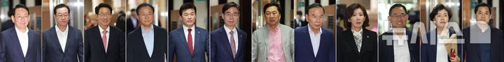 [서울=뉴시스] 권창회 기자 = 국민의힘 의원들이 9일 오전 서울 여의도 국회 원내대표실에서 4선 의원 이상 회의에 참석하고 있다. 사진 왼쪽부터 김도읍, 이종배, 김상훈, 윤재옥, 윤영석, 조경태, 김기현, 박덕흠, 나경원, 주호영, 조배숙, 박대출 의원.2025.06.09. kch0523@newsis.com