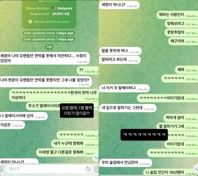 [서울=뉴시스] 코미디언 이세영이 10일 지인을 사칭한 텔레그램 메시지를 공개하며 주의를 당부했다. (사진=이세영 인스타그램) 2025.06.10 photo@newsis.com *재판매 및 DB 금지