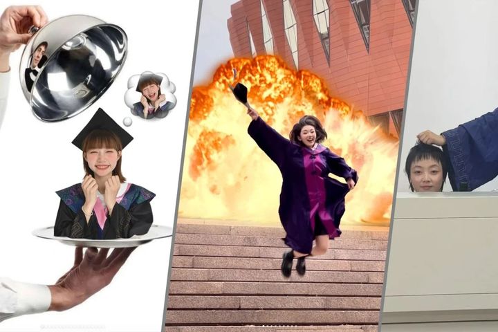 [뉴시스] 쟁반 속에 있는 모습, 불 타는 학교를 탈출하는 연출, 자신의 머리를 들고 있는 장면. (출처=SCMP) *재판매 및 DB 금지