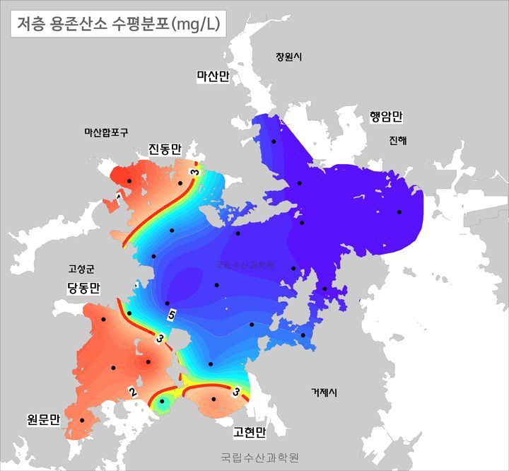 [부산=뉴시스] 경남 진해만 저층 산소 수평분포도 (그림=국립수산과학원 제공) 2025.06.11. photo@newsis.com *재판매 및 DB 금지
