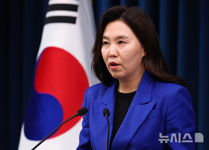 [서울=뉴시스] 최진석 기자 = 강유정 대변인이 11일 서울 용산 대통령실에서 현안 관련 브리핑을 하고 있다. 2025.06.11. myjs@newsis.com