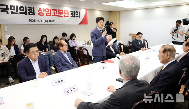 [서울=뉴시스] 조성우 기자 = 김용태 국민의힘 비상대책위원장이 11일 오후 서울 여의도의 한 식당에서 열린 상임고문단 회의에서 발언하고 있다. 2025.06.11. xconfind@newsis.com