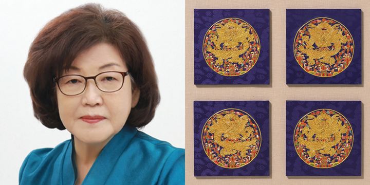 한국전통자수 김영희 강사(왼쪽), 김영희 강사 작품 : 영친왕비적의보(유물재현). (사진=서울시립대 제공) *재판매 및 DB 금지