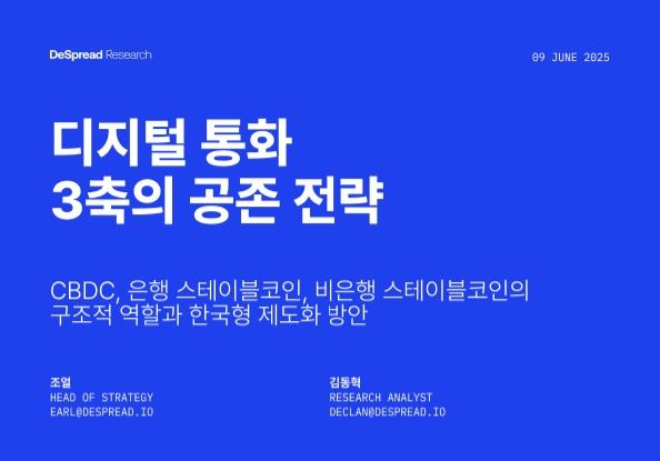 [서울=뉴시스] 웹3 컨설팅 기업 디스프레드 리서치 전담 조직 '디스프레드 리서치'가 '디지털 통화 3축의 공존 전략: CBDC, 은행 스테이블코인, 비은행 스테이블코인의 구조적 역할과 한국형 제도화 방안' 보고서를 발간했다. (사진=디스프레드) 2025.06.12 *재판매 및 DB 금지