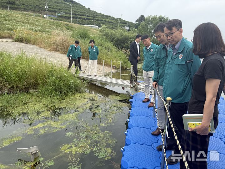 [창원=뉴시스]12일 경남도 김명주(오른쪽서 두 번째) 경제부지사가 조류경보 '관심' 단계가 발령된 낙동강 창녕함안보 선착장에서 녹조 발생 상황을 살펴보고 있다.(사진=경남도 제공) 2025.06.12. photo@newsis.com