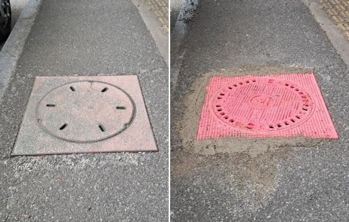 [울산=뉴시스] 울산시 북구가 잦은 파손으로 보행자들의 안전을 위협하는 노후된 콘크리트 맨홀뚜껑(왼쪽)을 주철 맨홀뚜껑(오른쪽)으로 교체하며 안전사고 발생에 적극 대응하고 있다. (사진=울산 북구 제공) photo@newsis.com *재판매 및 DB 금지