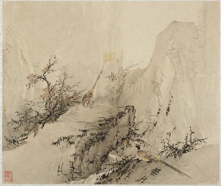 김홍도(金弘道, 1745~1806 이후) 추림쌍치秋林雙雉, 《병진년화첩》丙辰年畵帖 조선 1796, 종이에 엷은 색 26.6×31.5cm, 개인소장, 보물 *재판매 및 DB 금지
