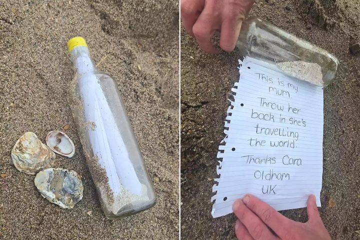 [서울=뉴시스] 지난 4일 영국 동부 스케그니스 해변에서 발견된 유리병. (출처=BBC 캡처) 2025.06.13. photo@newsis.com *재판매 및 DB 금지