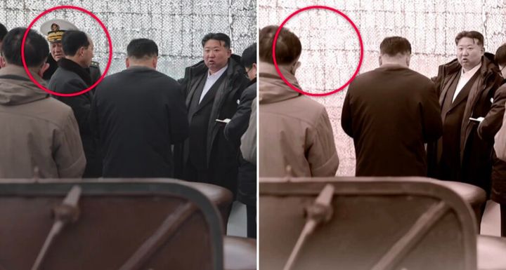 [서울=뉴시스]왼쪽은 지난 3월 김정은이 구축함을 시찰할 때 장면으로 동그라미 안에 김명식 해군사령관과 홍길호 청진조선소장의 모습이 보인다. 13일 조선중앙통신이 보도한 같은 사진에서 두 사람의 모습이 지워졌다. (출처=NK 뉴스) 2025.6.14.&nbsp; *재판매 및 DB 금지