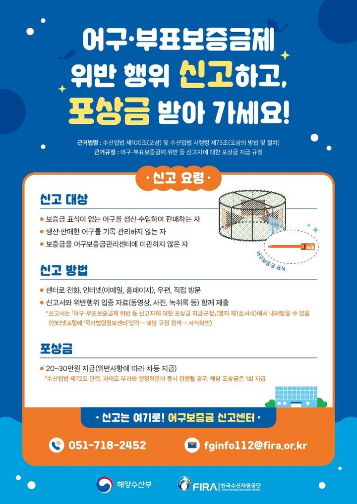 해수부, 어구보증금제 위반 신고시 포상금 지급