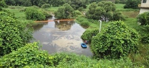 [광주=뉴시스] 9일 오전 광주 광산구 소촌동 금호타이어 공장 화재 잔재물이 빗물에 쓸려 황룡강으로 유입된 상태다. (사진=광산구 제공) 2025.06.16. photo@newsis.com *재판매 및 DB 금지