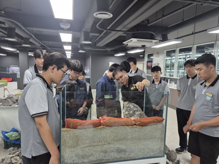 [안동=뉴시스] 내수면관상어비즈니스센터가 16일 특성화고 학생들을 대상으로 '찾아가는 아쿠아 전문인력 양성' 교육을 하고 있다. (사진=경북도 제공) 2025.06.16. photo@newsis.com *재판매 및 DB 금지