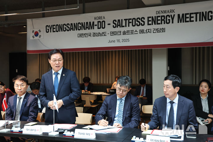 [창원=뉴시스] 박완수 경남도지사가 16일(현지시각) 오후 덴마크 코펜하겐시에 있는 차세대 원자로인 소형용융염원자로(MSR·Molten Salt Reactor) 개발 기업인 솔트포스에너지(SaltFoss Energy)를 방문해 인사말을 하고 있다. (사진=경남도 제공) 2025.06.17. photo@newsis.com
