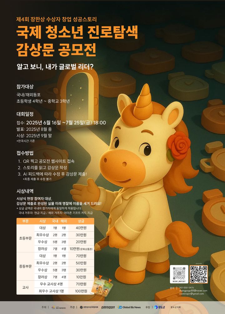 [광주=뉴시스] 장보고글로벌재단은 16일부터 오는 7월25일까지 'AI 글쓰기 친구 코니' 시스템을 적용해 '제4회 장한상 수상자 창업 성공스토리 국제 청소년 진로탐색 감상문 공모전'을 진행한다고 17일 밝혔다. (사진=재단 제공). 2025.06.17. photo@newsis.com *재판매 및 DB 금지