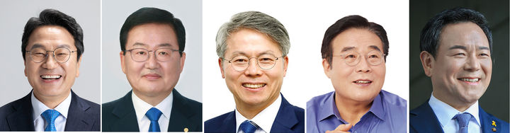 [광주=뉴시스] 더불어민주당 소속 광주시장 후보군. 왼쪽부터 강기정 시장, 문인 북구청장, 민형배 국회의원, 이병훈·이형석 전 국회의원. photo@newsis.com *재판매 및 DB 금지