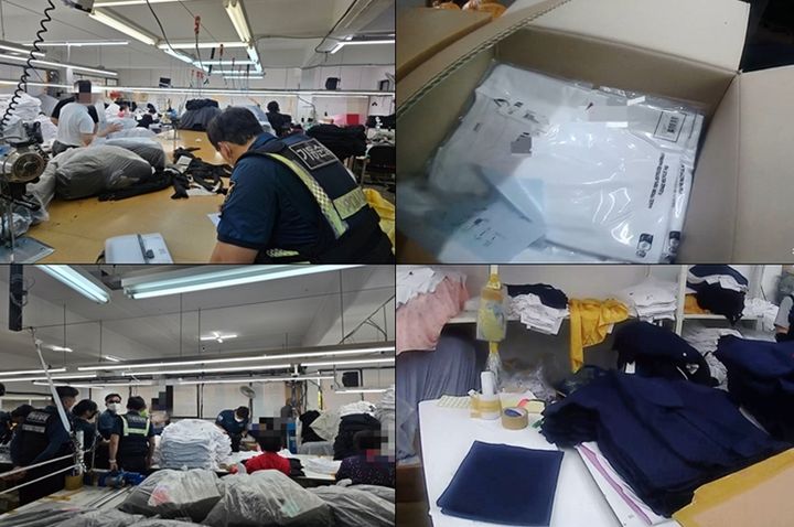 [서울=뉴시스] 서울 중랑구의 한 건물에서 불법으로 유명 브랜드 로고가 박힌 가품 의류를 제조해온 일당이 경찰에 붙잡혔다. 사진은 서울경찰청 기동순찰대가 지난 9일 유명 의류 브랜드 가품 의류를 대량으로 생산해온 서울 중랑구 망우동의 한 제조공장을 단속하는 모습. (사진=서울경찰청 제공) 2025.06.18. photo@newsis.com *재판매 및 DB 금지