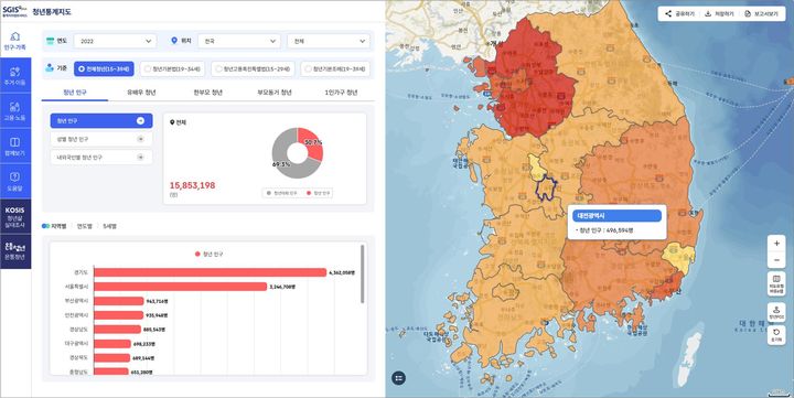 통계청이 18일 통계지리정보서비스(SGIS)에서 서비스를 시작한 청년통계지도.(사진 : 통계청 제공) 2025.6.18 *재판매 및 DB 금지