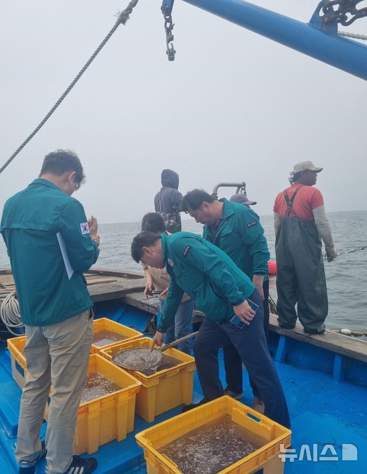 [고성=뉴시스]경남도 이상훈(가운데) 해양수산국장이 18일 해파리가 대량 출현한 고성군 삼산면 두포해역 정치망 어장을 방문해 해파리 출현 상황을 점검하고 있다.(사진=경남도 제공) 2025.06.18. photo@newsis.com