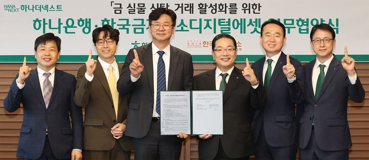 (왼쪽부터) 한국금거래소 김윤모 대표, 한국금거래소디지털에셋 박성욱 대표, 아이티센글로벌 강진모 회장, 하나은행 이호성 행장, 김영훈 자산관리그룹 부행장, 이재철 신탁본부 부행장이 협약 체결 후 기념촬영을 하고 있다. (사진=아이티센글로벌 제공) *재판매 및 DB 금지