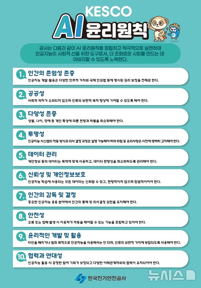 [전주=뉴시스]윤난슬 기자 = 한국전기안전공사는 인공지능(AI) 기술의 사회적 확산에 대응해 기술 활용의 윤리적 기준을 정립하기 위한 'AI 윤리원칙'을 제정했다고 19일 밝혔다. (사진=전기안전공사 제공) photo@newsis.com