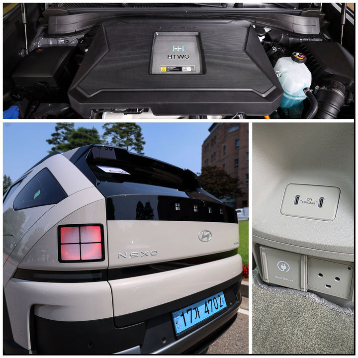 [서울=뉴시스] 김근수 기자 = 지난 18일 서울 강서구 메이필드호텔에서 열린 현대차 디 올 뉴 넥쏘 미디어 시승회에서 차량이 주차되어 있는 모습. 위쪽부터 시계 방향으로 디 올 뉴 넥쏘 엔진룸, 실내 V2L 단자, 차량 외부 모습. 2025.06.20. ks@newsis.com&nbsp; *재판매 및 DB 금지