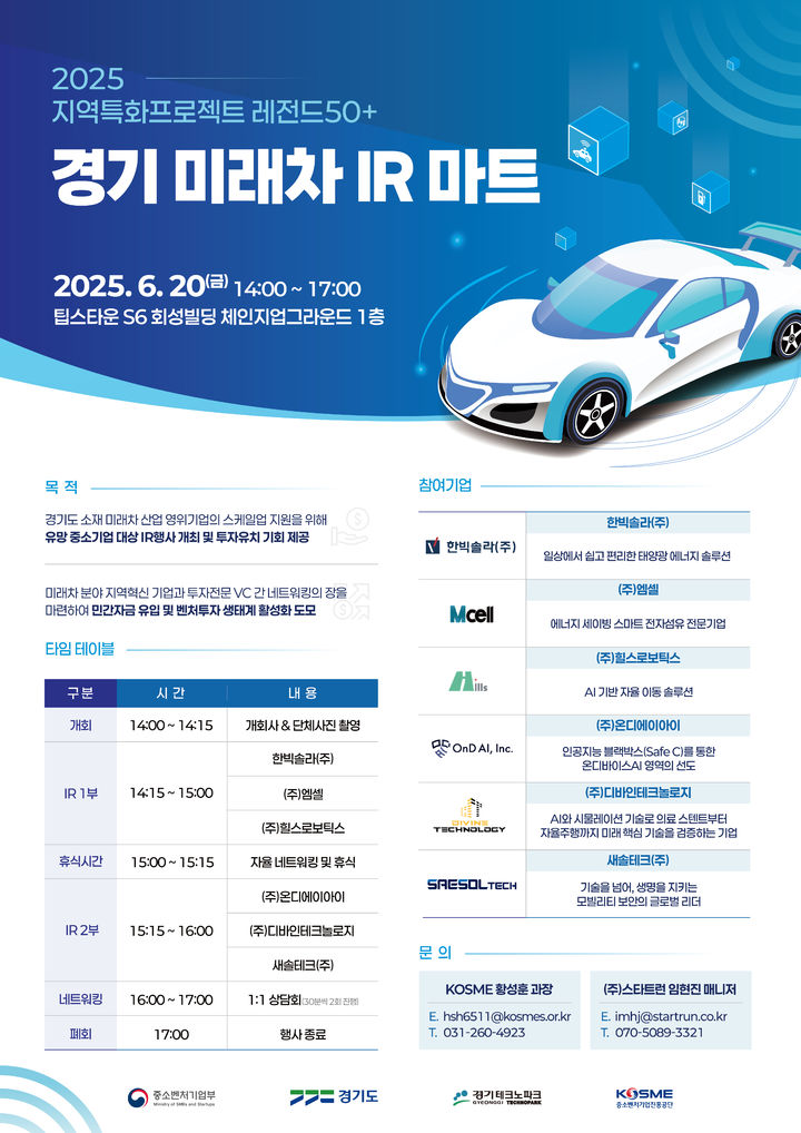 [서울=뉴시스] '2025 지역특화 프로젝트 레전드50+ 경기 미래차 IR마트' 포스터. (사진=중소벤처기업진흥공단 제공) 2025.06.20. photo@newsis.com *재판매 및 DB 금지