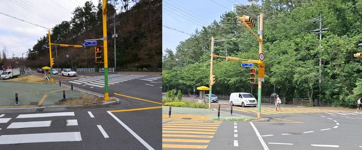 [울산=뉴시스] 울산 중구가 전국 최초로 어린이보호구역 내 도로명판 안내판걸이구 색상을 회색에서 노란색으로 변경했다. 태화초등학교 앞 모습. 왼쪽이 변경전, 오른쪽이 변경 후 모습이다. (사진=울산 중구 제공) 2025.06.20. photo@newsis.com *재판매 및 DB 금지