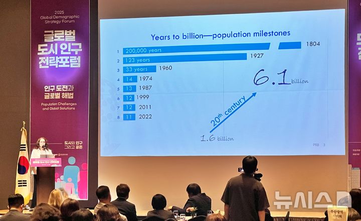 [부산=뉴시스] 원동화 기자 = 제니퍼 D. 스쿠바 인구참조국(PRB) 최고경영자(CEO)는 20일 부산 롯데호텔에서 열린 '글로벌 도시 인구 전략포럼'에서 "인구 감소는 세계적인 현상"이라며 "고령자의 경제활동 연장과 이민자 수용 확대가 대안이 될 수 있다"고 밝혔다. 2025.06.20. dhwon@newsis.com