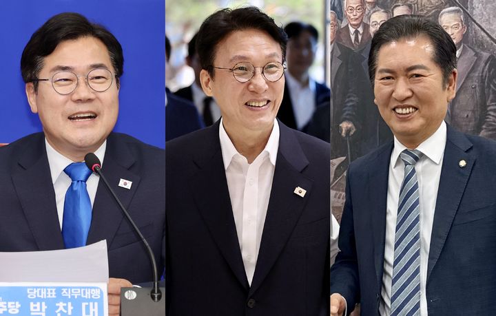 [서울=뉴시스] 왼쪽부터 박찬대 더불어민주당 의원, 김민석 국무총리 후보자, 정청래 의원. (출처=뉴시스DB) 2025.06.23. photo@newsis.com *재판매 및 DB 금지