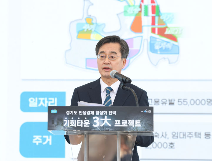 [수원=뉴시스] 김동연 도지사가 '경기 기회타운 3大 프로젝트' 언론 브리핑을 하고 있다. (사진=경기도 제공) 2025.06.23. photo@newsis.com *재판매 및 DB 금지