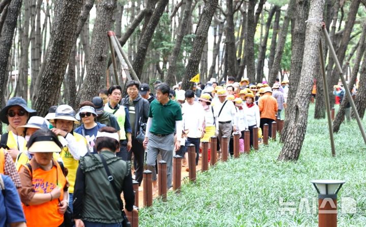 [포항=뉴시스] 송종욱 기자 = '제3회 대한민국 맨발 걷기 축제'가 지난 22일 경북 포항시 남구 송도 솔밭·해수욕장 일원에서 맨발 걷기 동호인 1000명이 참가한 가운데 성황리에 열렸다. 사진은 맨발 걷기 대회 참가자들이 송도 솔밭 황톳길을 걷는 모습. (사진=포항시 제공) 2025.06.23. photo@newsis.com
