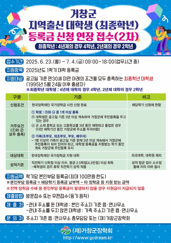 거창군 지역 출신 대학생에 등록금…"100만원까지 지원"