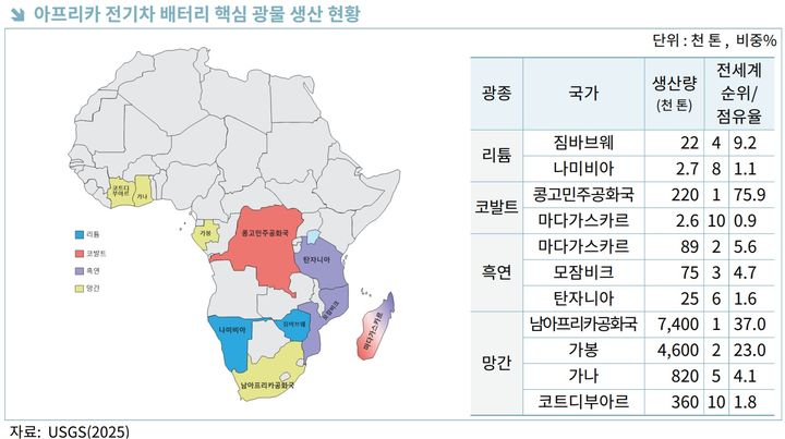 [서울=뉴시스] 아프리카 전기차 배터리 핵심 광물 생산 현황 (사진=USGS, 한국무역협회 보고서 갈무리) 2025.06.24 photo@newsis.com *재판매 및 DB 금지