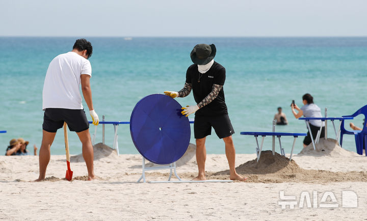 [제주=뉴시스] 우장호 기자 = 제주도 내 해수욕장 조기 개장을 하루 앞둔 23일 오전 제주시 조천읍 함덕해수욕장에서 피서객을 위한 파라솔 설치 작업이 한창이다. 2025.06.23. woo1223@newsis.com
