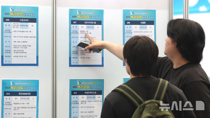 [인천=뉴시스] 전진환 기자 = 23일 인천 부평구 한국폴리텍대학 인천캠퍼스에서 열린 뿌리기업 채용박람회를 찾은 구직자들이 채용공고게시판을 살피고 있다. 사진은 기사 내용과 무관. 2025.06.23. amin2@newsis.com