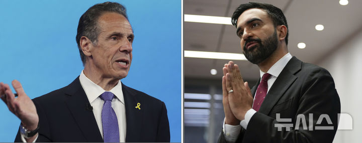 [AP/뉴시스] 24일 미 뉴욕시장 민주당후보 경선에서 맞붙는 앤드류 쿠오모 전 뉴욕 주지사(왼쪽)와 진보파 옹위를 받는 조란 맘다니 주의회 의원