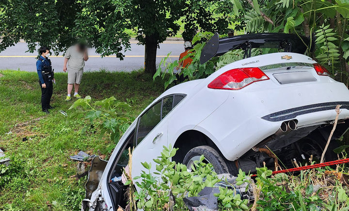 [광주=뉴시스] 이영주 기자 = 24일 오전 8시50분께 광주 서구 광천동 광천2교 주변 도로에서 50대 여성 운전자 A씨가 유턴 도중 마주오던 20대 남성 B씨의 차량을 들이받았다. 추락한 B씨의 차량이 풀숲에 고꾸라져있다. (사진 = 독자 제공) 2025.06.24. photo@newsis.com *재판매 및 DB 금지