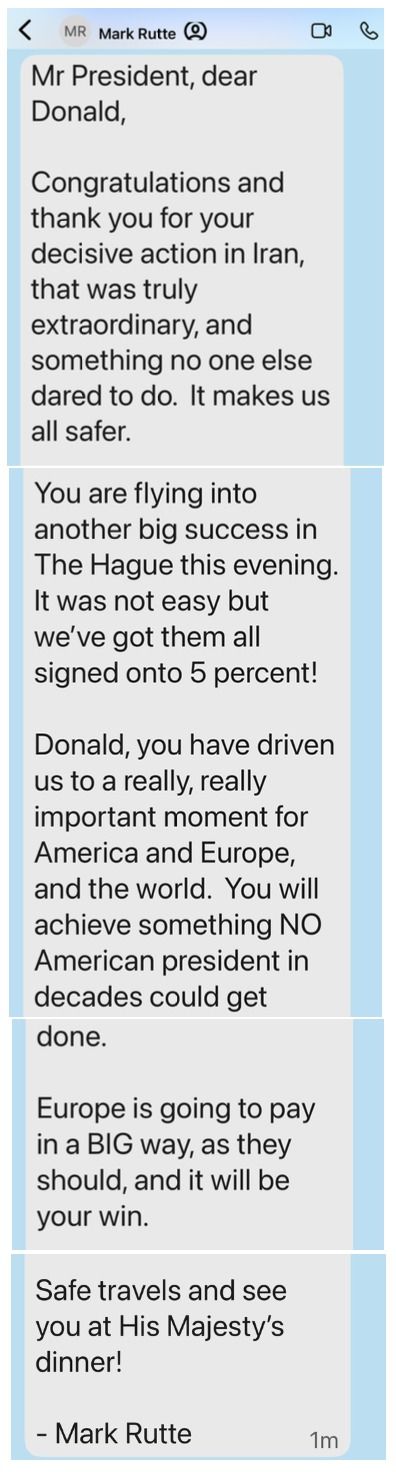 트럼프 대통령은 24일(현지 시간) 자신의 소셜미디어 트루스소셜에 뤼터 총장이 보낸 문자 메시지를 게시했는데, 그는 트럼프 대통령에게 "이란에서 보여준 단호한 조치에 축하와 감사를 드린다"며 "그 덕분에 우리는 모두 안전해졌다"고 전했다. 사진은 트럼프 대통령이 트루스소셜에 게시한 마르크 뤼터 북대서양조약기구(NATO) 사무총장 문자 메시지. <사진캡쳐=CCTV> *DB 및 재판매 금지. *재판매 및 DB 금지