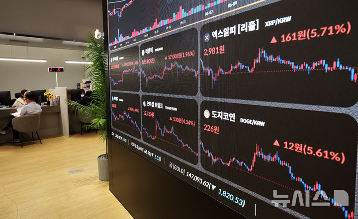 [서울=뉴시스] 배훈식 기자 = 이스라엘과 이란의 휴전 소식이 전해진 24일 오후 서울 강남구 빗썸라운지 강남본점 전광판에 비트코인을 비롯한 주요 코인 가격이 상승세를 보이고 있다.  2025.06.24. dahora83@newsis.com