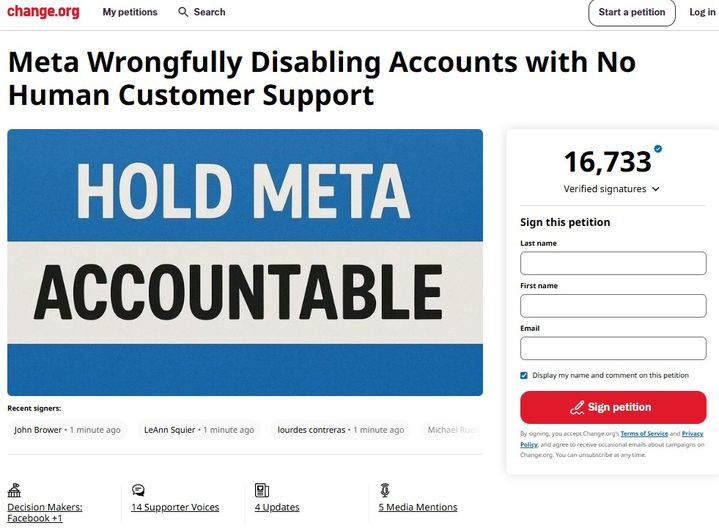 [서울=뉴시스] 글로벌 온라인 청원 사이트 '체인지닷오알지'에서는 메타의 소셜네트워크서비스(SNS) 계정 대량 정지 사태에 대한 조속한 해결 촉구 청원에 1만7000여명(한국 시간 25일 오전 9시 기준)이 서명했다. 2025.06.25. (사진=체인지닷오알지 홈페이지 캡처) *재판매 및 DB 금지