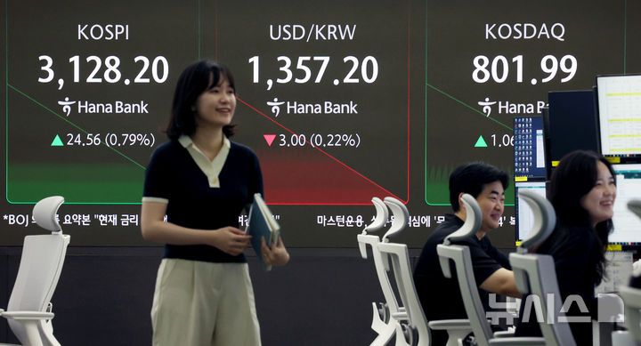 [서울=뉴시스] 김진아 기자 = 25일 서울 중구 하나은행 딜링룸에서 딜러들이 업무를 보고 있다. 코스피는 전 거래일(3103.64)보다 24.15포인트(0.78%) 상승한 3127.79에, 코스닥 지수는 전 거래일(800.93)보다 1.99포인트(0.25%) 오른 802.92에 거래를 시작했다. 2025.06.25. bluesoda@newsis.com