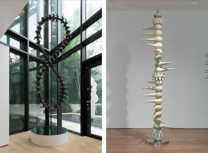 김미현 Moebius Spine, mixed media, 300×120×80, 2025<Helix DNA>, ceramics,steel, 260×55×55cm, 2025 *재판매 및 DB 금지